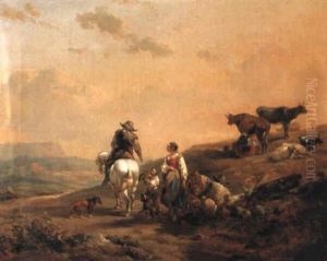 An Italianate Landscape With A Horseman Passing Peasants By A Track by Hendrick Mommers