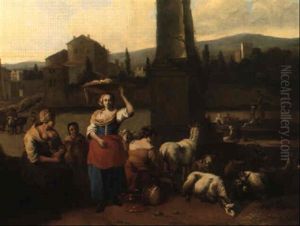 Shepherdesses And Goats By A Ruin Un An Italianate Landscape