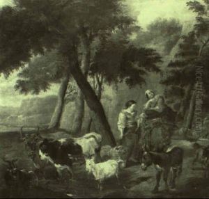 Hirten Mit Vieh In Sudlicher Landschaft by Hendrick Mommers