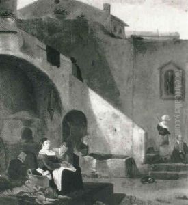 An Italianate Courtyard With A Cook, Washerwoman And Other Figures by Hendrick Mommers