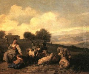 An Extensive Landscape With Sheep And Goats Attended By A   Shepherdess And Her Child Spinning Yarns Of Wool