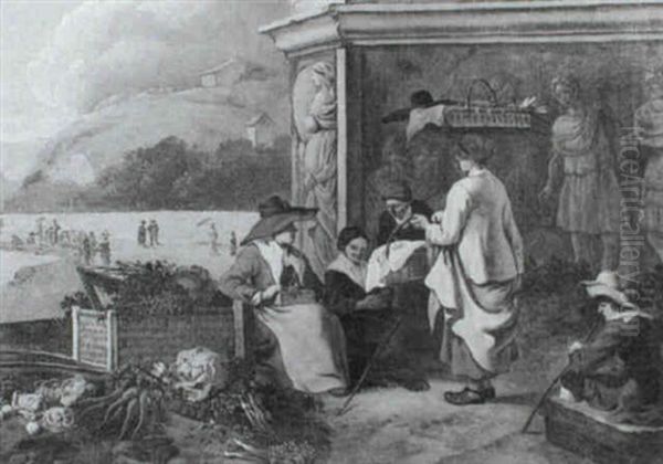 Vegetable Traders Beside A Classicising Plinth Overlooking  A Coastal Shore - view 1