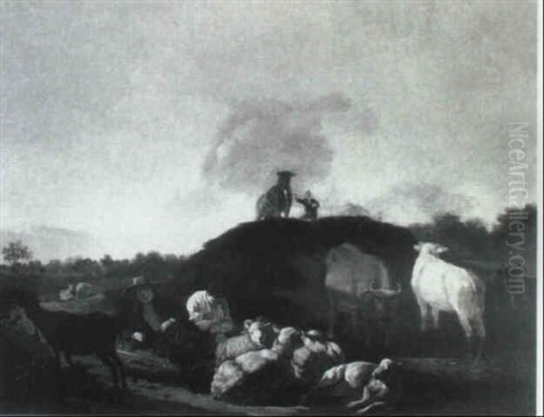 Drovers With Sheep And Cattle At Rest In A Landscape - view 1