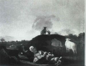 Drovers With Sheep And Cattle At Rest In A Landscape