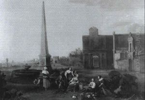 Women Preparing Vegetables In A Market Square Before An     Obelisk by Hendrick Mommers