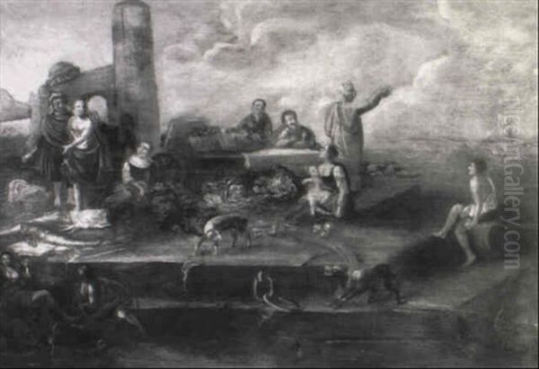 Stevedores And Other Figures With Fish And Vegetables On A Quay - view 1
