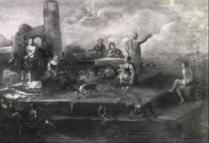 Stevedores And Other Figures With Fish And Vegetables On A  Quay