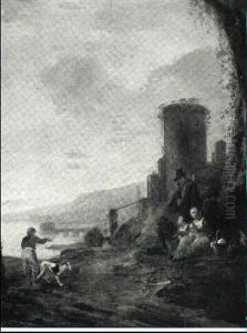Italianate Landscape With Peasant Travellers Resting By A Road, A Tower And Other Buildings By A River In The Distance by Hendrick Mommers