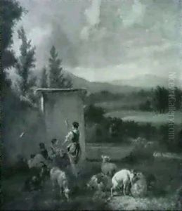 Southern Landscape With A Shepherd And Women By A Well
