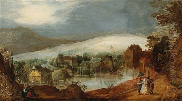 A Hilly Landscape With A Village By A River - view 1