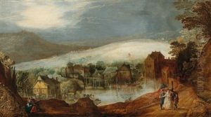 A Hilly Landscape With A Village By A River by Joos de Momper the Elder