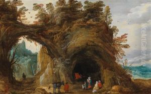 A Rocky Landscape With Travellers In Front Of A Cave by Joos de Momper the Elder