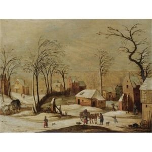 A Village Scene In Winter With Peasants Unloading A Cart In The Foreground, And A Horse And Carriage On A Path To The Left by Joos de Momper the Elder