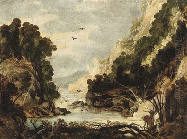 A Rocky River Landscape With Hunters And Deer - view 1