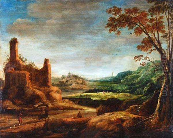 Hugelige Landschaft Mit Ruine Und Figurenstaffage - view 1