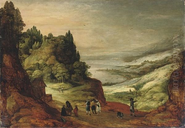 An Extensive Mountainous River Landscape With Figures Conversing On A Track - view 1