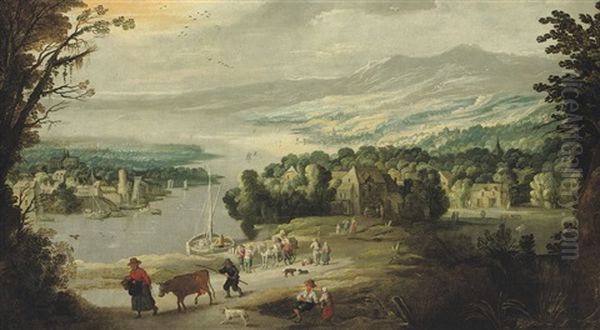 An Extensive Mountainous River Landscape With Peasants On A Track Near A Village - view 1