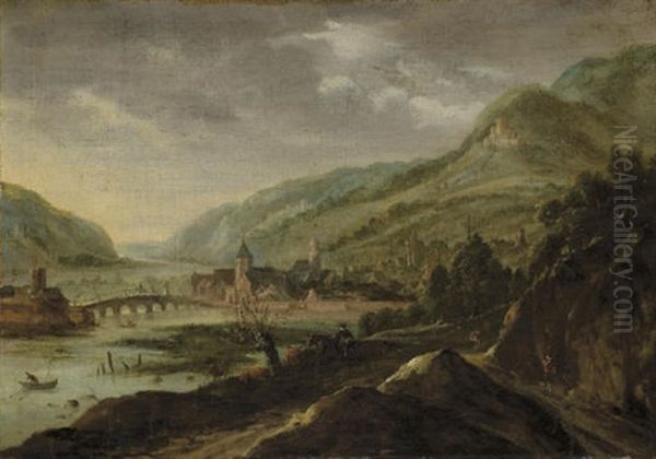 Promeneurs Le Long D'une Riviere, Un Village A L'arriere-plan - view 1