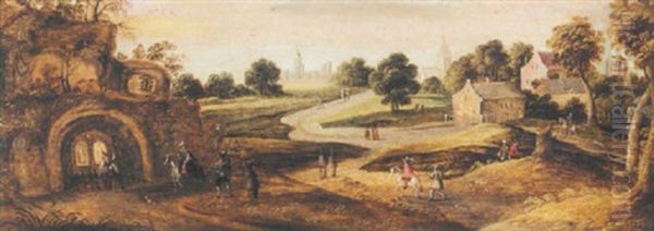 A Landscape With Hermits In A Grotto With Other Figures And A Town Beyond - view 1