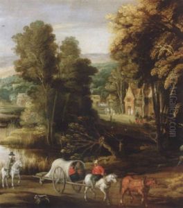 Landscape With Waggoners Beside A River, With A Village Beyond