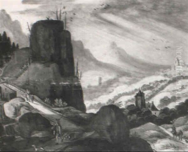 An Alpine Landscape With Travellers On A Track By A Waterfall - view 1