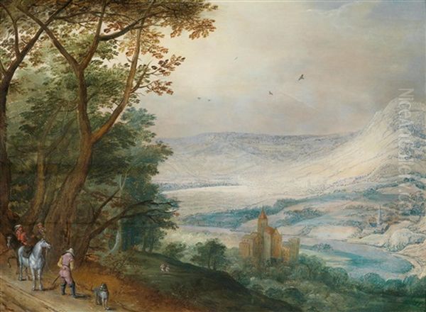 Weite Flusslandschaft Mit Einer Burg Und Reitern - view 1