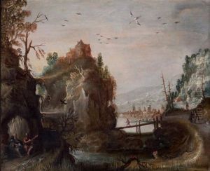 Saint Paul Et Saint Antoine Ermite Nourris Par Un Corbeau Dans Un Paysage De Riviere by Philips de Momper the Elder