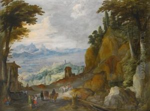 A Mountainous Landscape With Travellers On A Path, A Lake And Harbour Beyond
