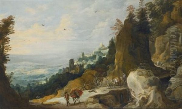 Muleteers On A Bridge In A Mountainous Landscape, A Village In The Distance - view 1