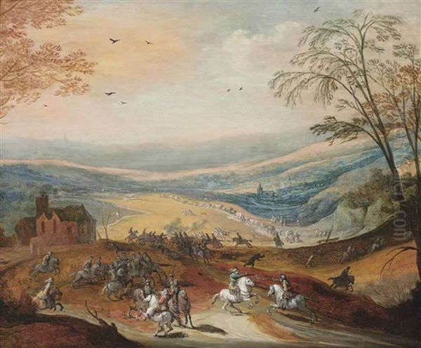 A Cavalry Skirmish In A Hilly Landscape, A Convoy Beyond - view 1