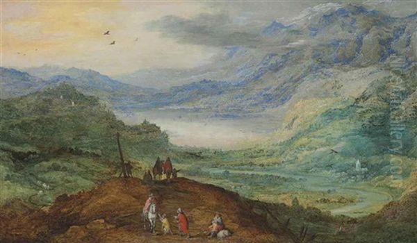 An Extensive Mountainous Landscape With Figures On A Path, A River Valley Beyond - view 1