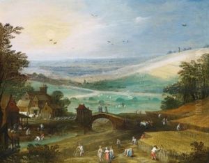 A Summer Landscape With Figures Bringing In The Harvest