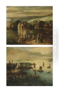 A River Landscape With Elegant Figures Near A Castle (+ An Extensive River Landscape With Figures In Sailing Vessels Near A Village; Pair)