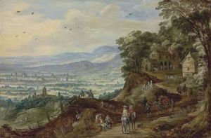 An Extensive Landscape With Travellers Near A Mountain Village