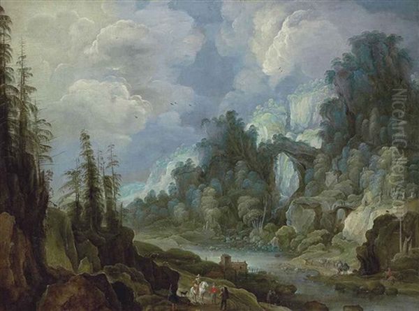 An Extensive Mountainous, River Landscape With Travellers - view 1