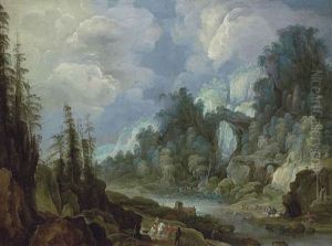 An Extensive Mountainous, River Landscape With Travellers by Philips de Momper the Elder