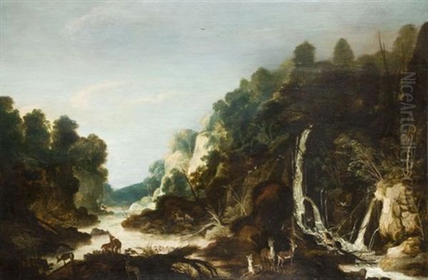 Chevreuils Dans Un Paysage De Torrent Et De Riviere - view 1
