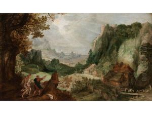 Fantasielandschaft Mit Einem Wanderer In Begleitung Des Schutzengels