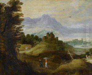 Bergige Landschaft Mit Stadt Im Mittelgrund by Philips de Momper the Elder