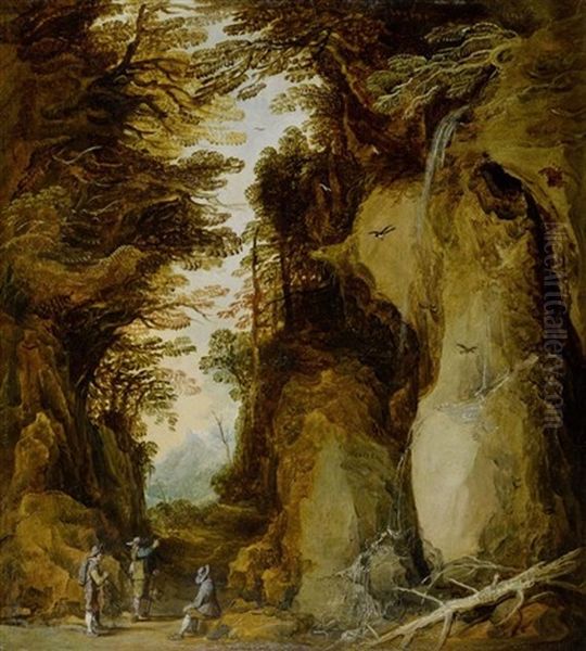 Felsige Landschaft Mit Drei Rastenden Wanderern Neben Einem Wasserfall - view 1