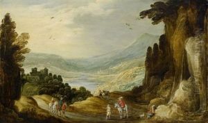 Reiter Vor Einer Weiten Landschaft Mit Wasserfall Reiter Vor Einer Weiten Landschaft Mit Wasserfall