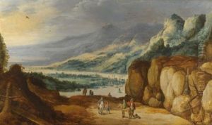 An Extensive Mountainous River Landscape With Horsemen Conversing On A Raised Plateau