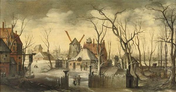 A Village In Winter With Figures At Their Daily Activities, A View Of A Town (bruges?), In The Background - view 1