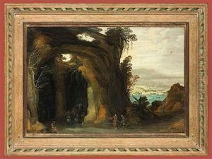 A Landscape With Pilgrims Attending Mass In A Grotto, A Monk Reading In The Foreground by Philips de Momper the Elder