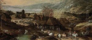 A Village With Figures, Cattle And Horses, Mountains Beyond