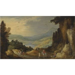 An Extensive River Landscape With Travelers On A Road Before A Castle by Philips de Momper the Elder
