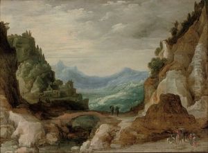 An Extensive Rocky Landscape With Travellers By A Bridge An Extensive Rocky Landscape With Travellers By A Bridge