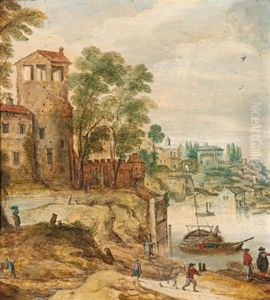Stadt An Einem Fluss Mit Booten Und Figuren