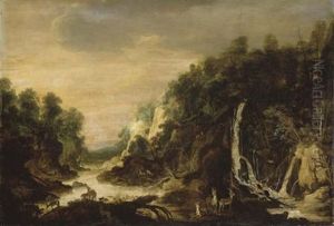 Paysage Avec Cerfs Et Biches Pres D'une Cascade