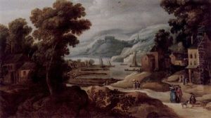 Hugelige Flusslandschaft Mit Hausern Und Reisenden by Philips de Momper the Elder